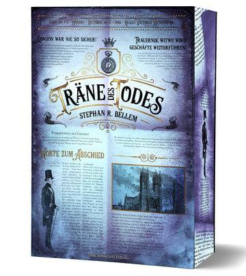 Das Cover ist einer Zeitungsseite im Vintage Stil nachempfunden. Im oberen Bereich sieht man den Titel umgeben von Mustern. Dieser Bereich ist umgeben von Zeitungsartikeln mit dazu passenden Fotos. Die Farben sind Blaugrau bis Dunkelgrau.